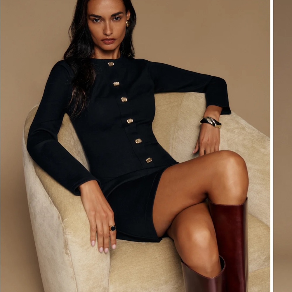 Reformation Black Long Sleeve Button Dress